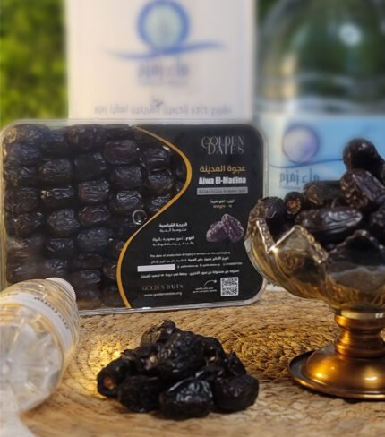 Premium Ajwa dates from Madina with zamzam water in the background